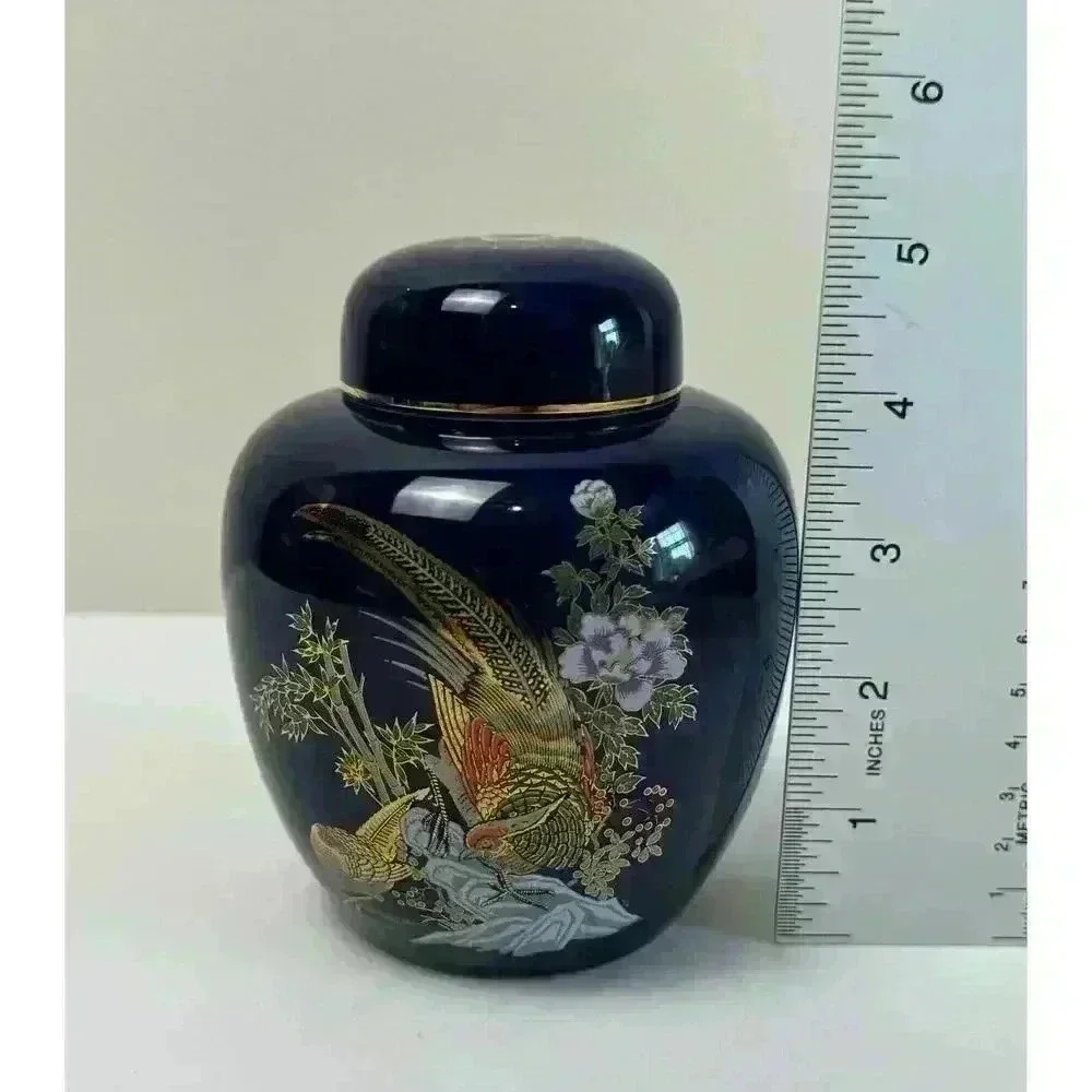 Vintage Royal Blue Porcelain Ginger Jar With Oriental Pheasant Scene EUC
